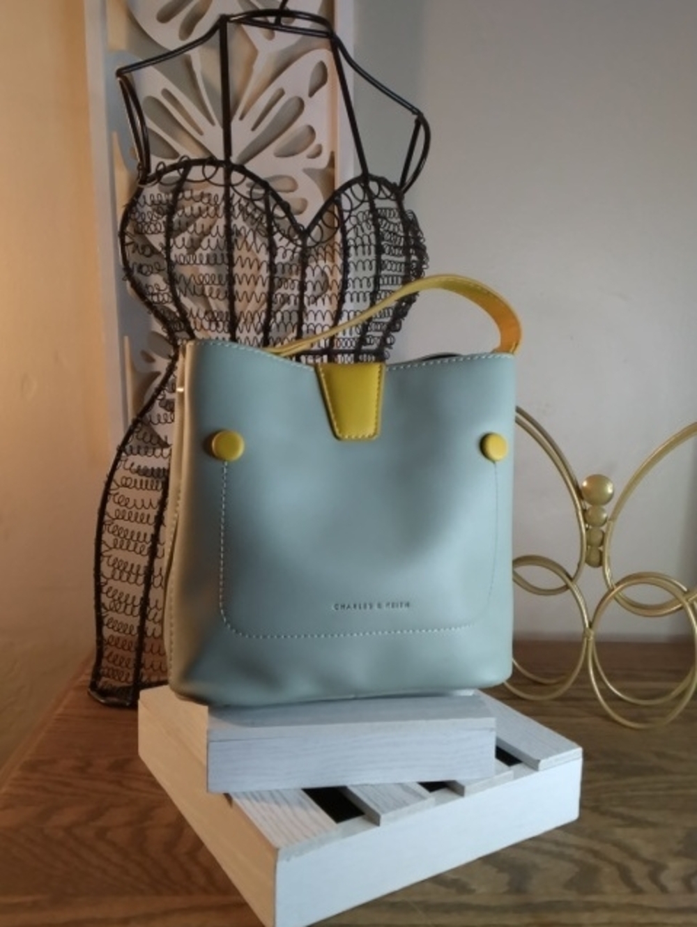 Charles & Keith Light Blue Tote with Yellow Accents